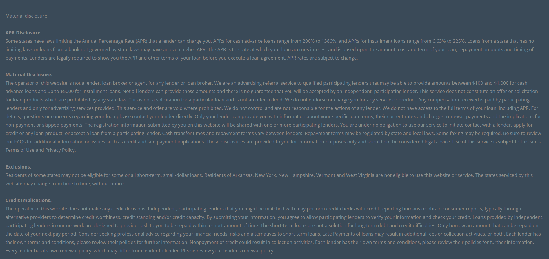 Material disclosure for payday loans in Stockton California